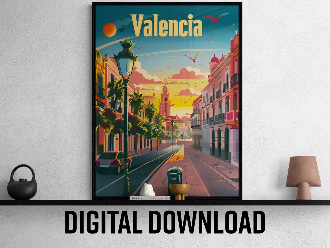 Valencia Spain Sunset Old Town Street Palm Travel Poster Art