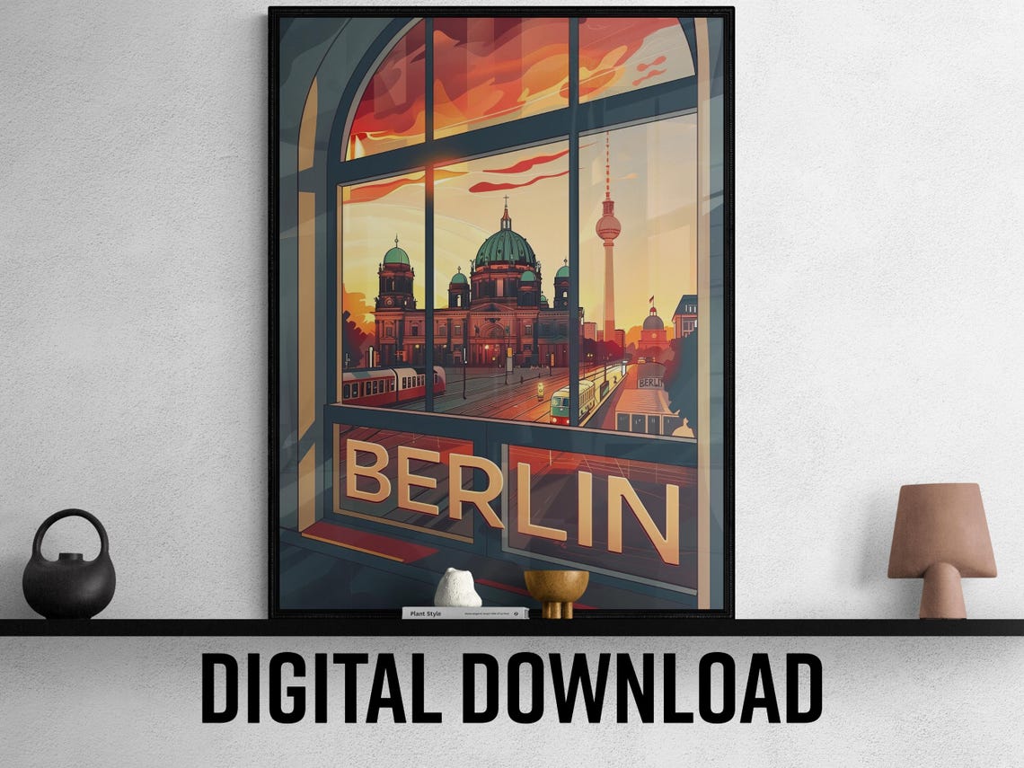 Berlin Germany Cathedral TV Tower Sunset View Vintage Travel Poster