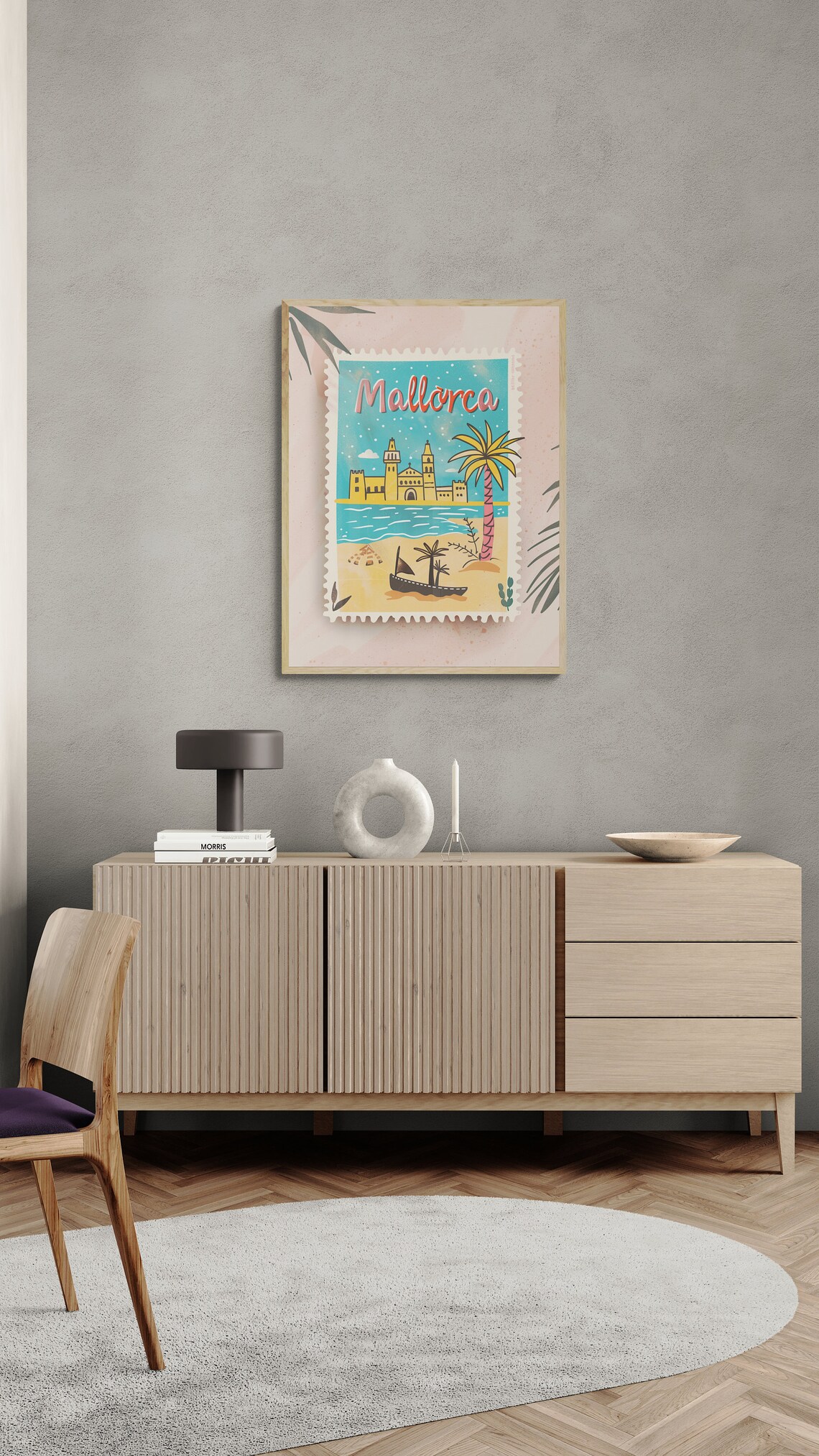 Mallorca Beach Cathedral Palm Trees Blush Vintage Stamp Travel Poster - Image 3