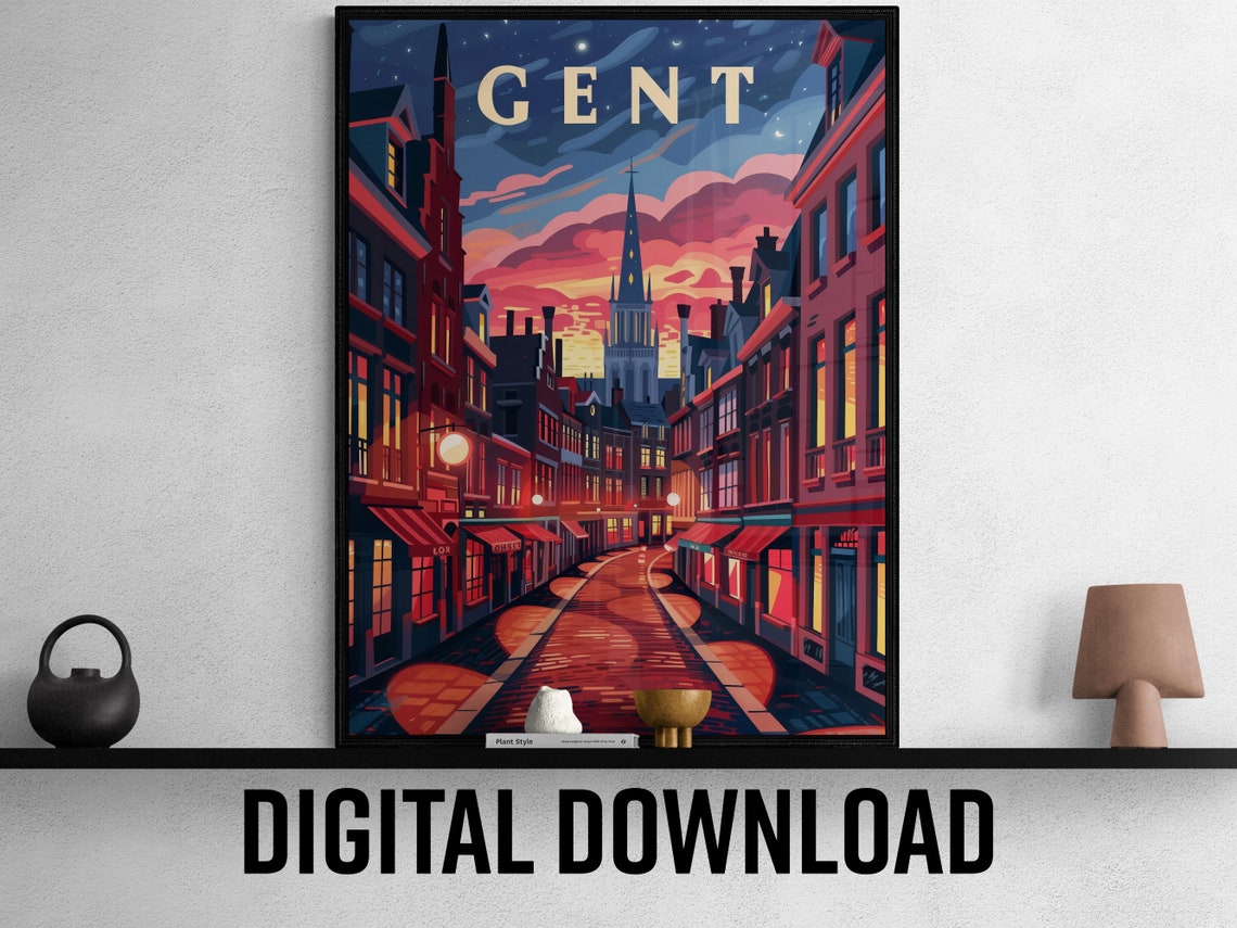 Gent Romantic Old Town Night Street Belfry Cobblestone Travel Poster