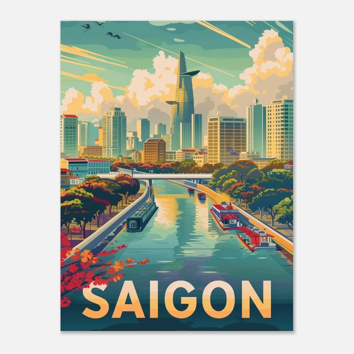 Saigon River Skyline Bitexco Tower Vintage Vietnam Travel Poster - Image 3