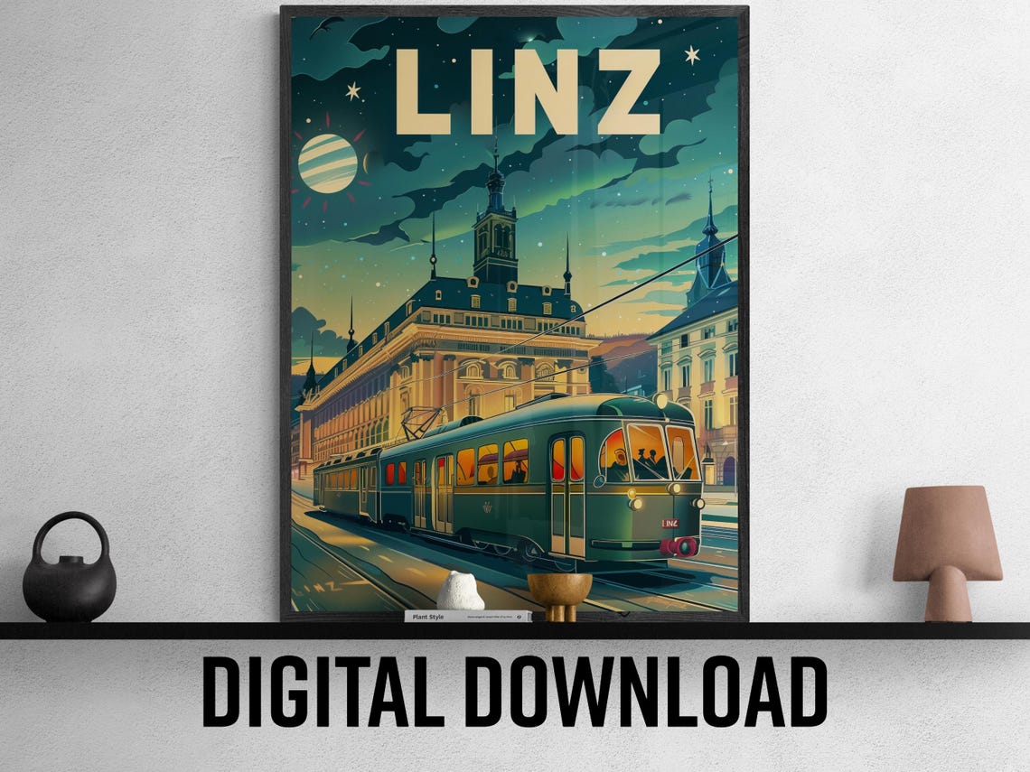 Linz Austria Night Tram Under Starry Sky Vintage Travel Poster