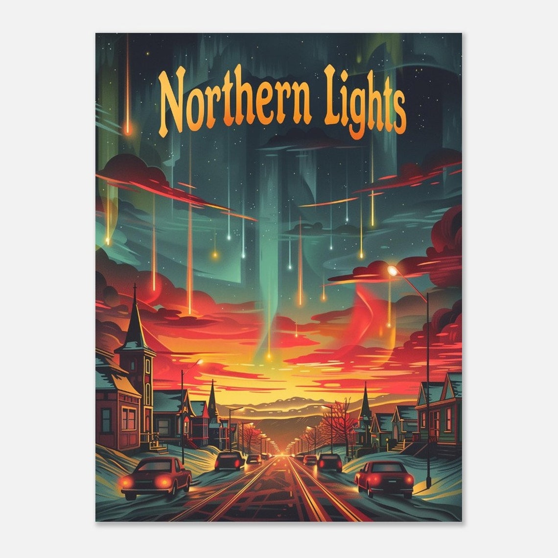 Northern Lights Retro Poster Vibrant Aurora Borealis Scene Framed Wall Art Perfect Housewarming Gift - Image 2