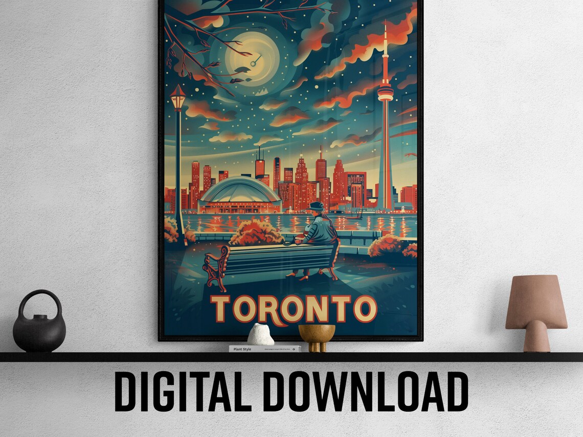 Toronto Night Skyline CN Tower Full Moon Lake Bench Travel Poster