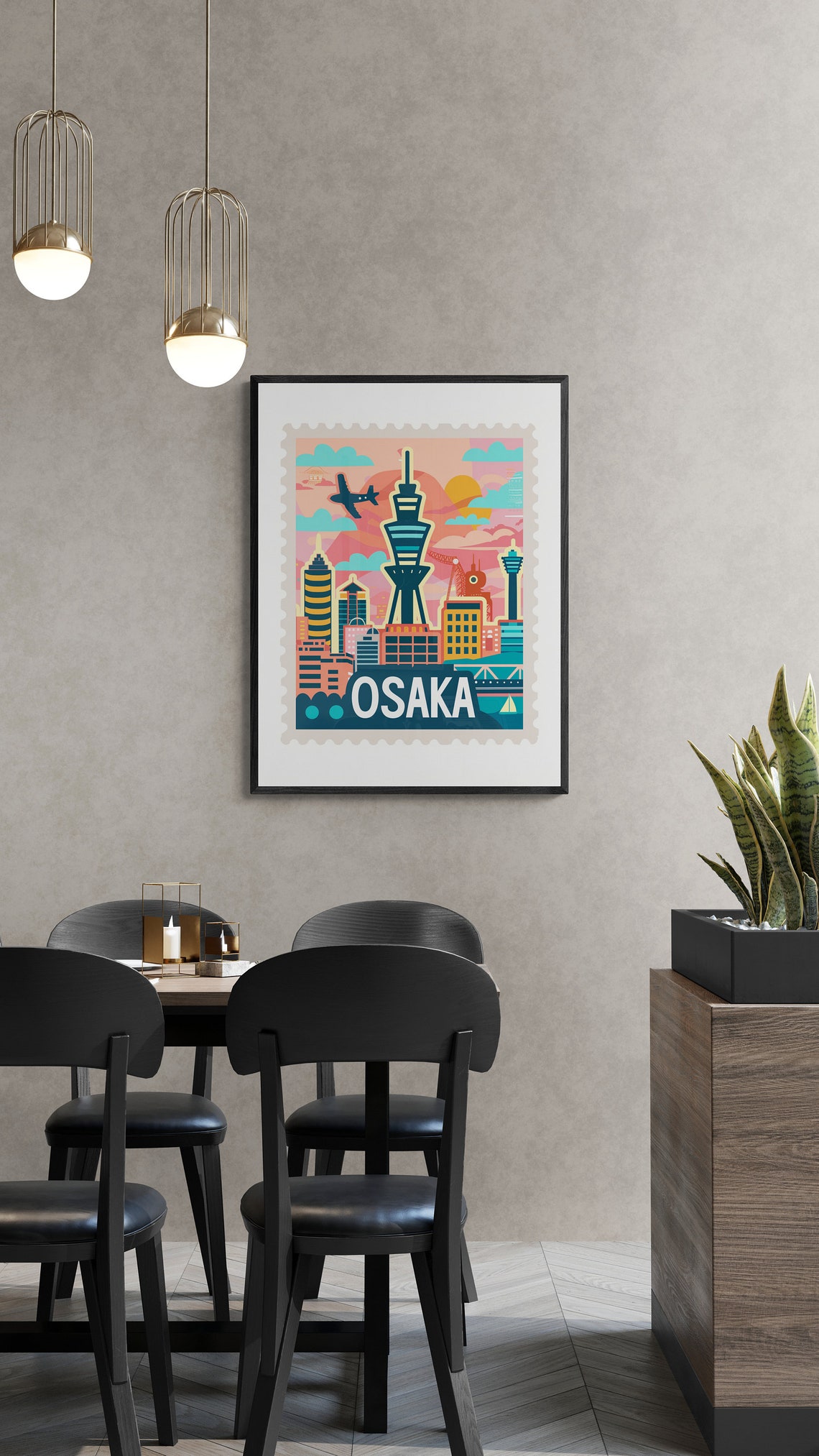 Osaka Japan Modern Tower Airplane Vintage Travel Stamp Poster - Image 4