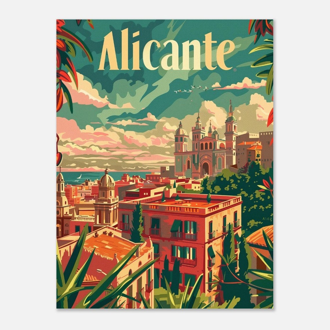 Alicante Terracotta Rooftops Castle Hill Sunset Spain Travel Poster - Image 2