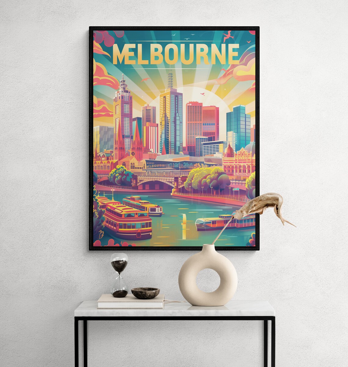 Melbourne City Skyline and River Boats Vintage Urban Travel Poster
