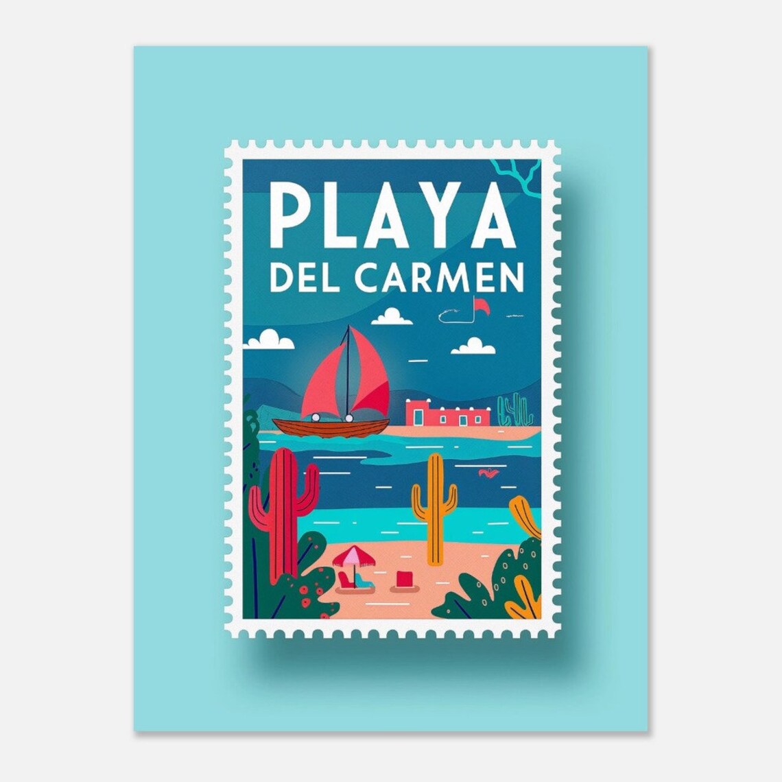 Playa del Carmen Beach Sailboat Vintage Travel Stamp Art Poster - Image 2