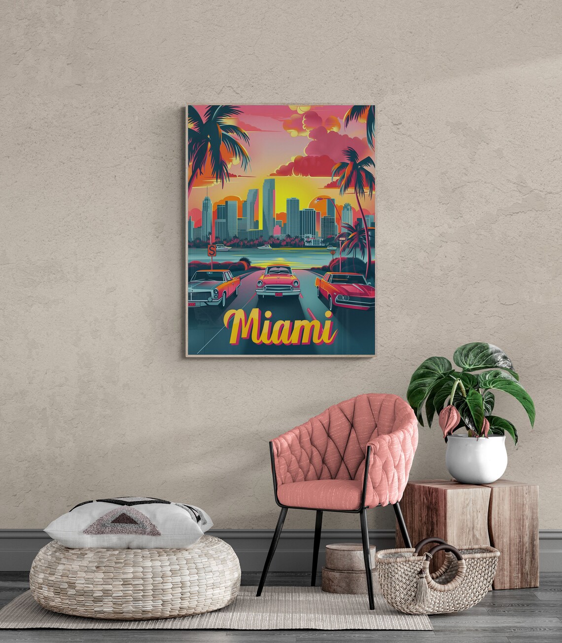 Miami Classic Cars Skyline Sunset Retro Florida Travel Poster - Image 3