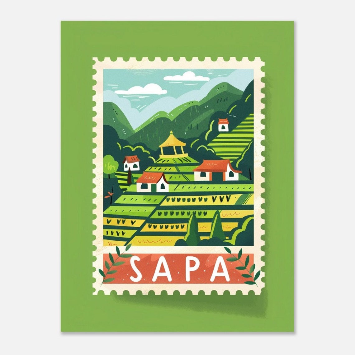 Sapa Vietnam Terraced Rice Fields Postage Stamp Style Travel Poster - Image 2