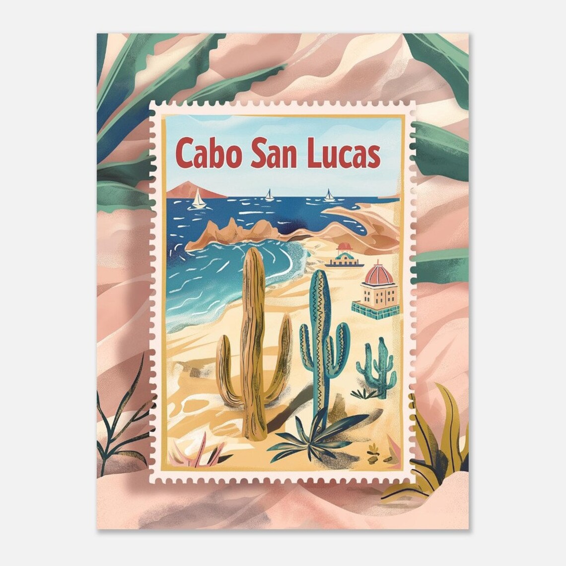 Cabo San Lucas Sunny Cactus Beach Vintage Travel Stamp Art Poster - Image 2