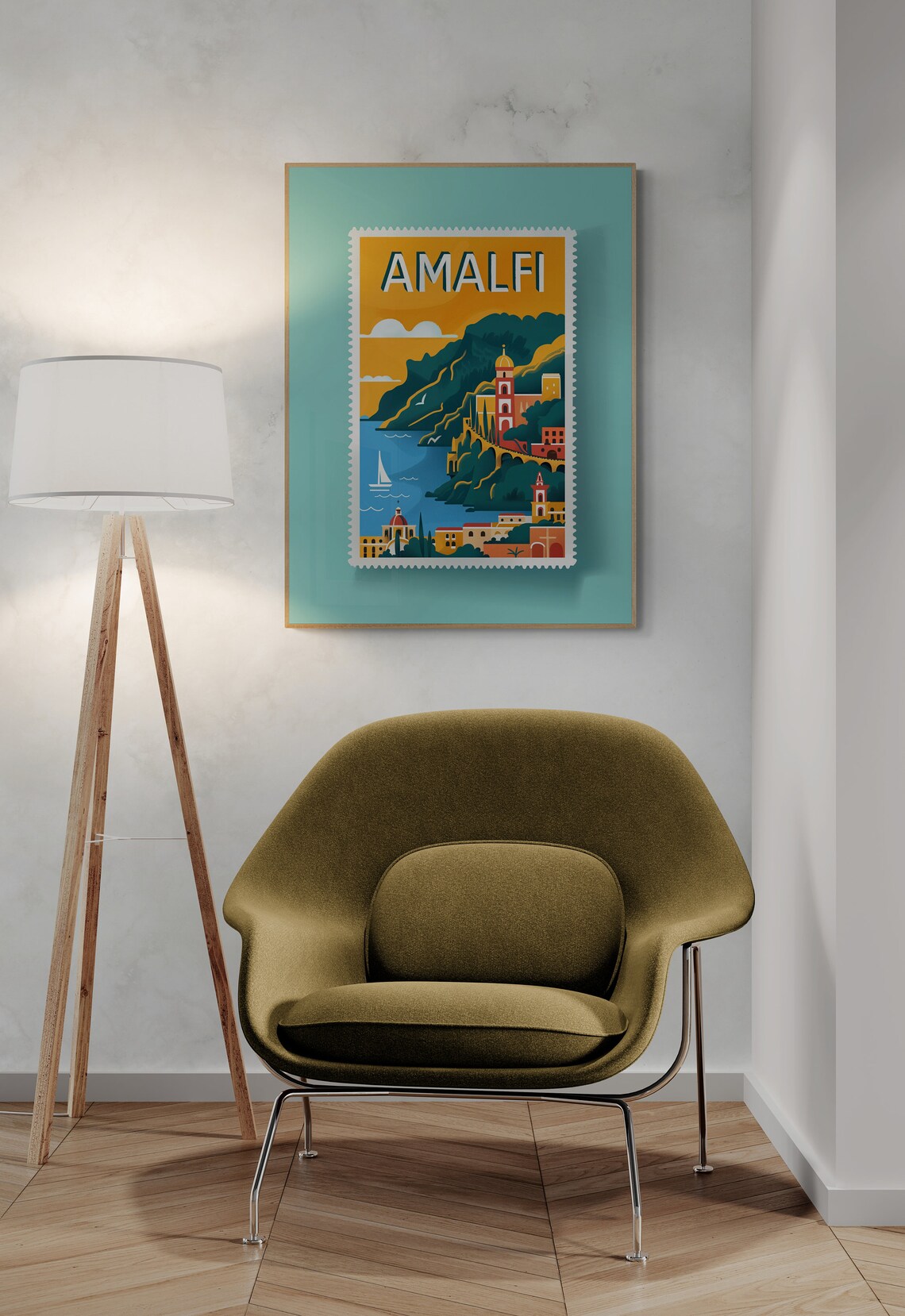 Amalfi Coast Cliffside Sailboat Sunset Teal Stamp Travel Poster - Image 3