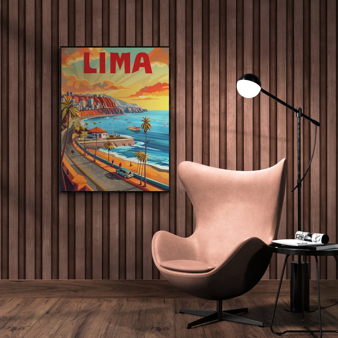 Lima Peru Miraflores Cliffs Pacific Coast Sunset Vintage Travel Poster - Image 3
