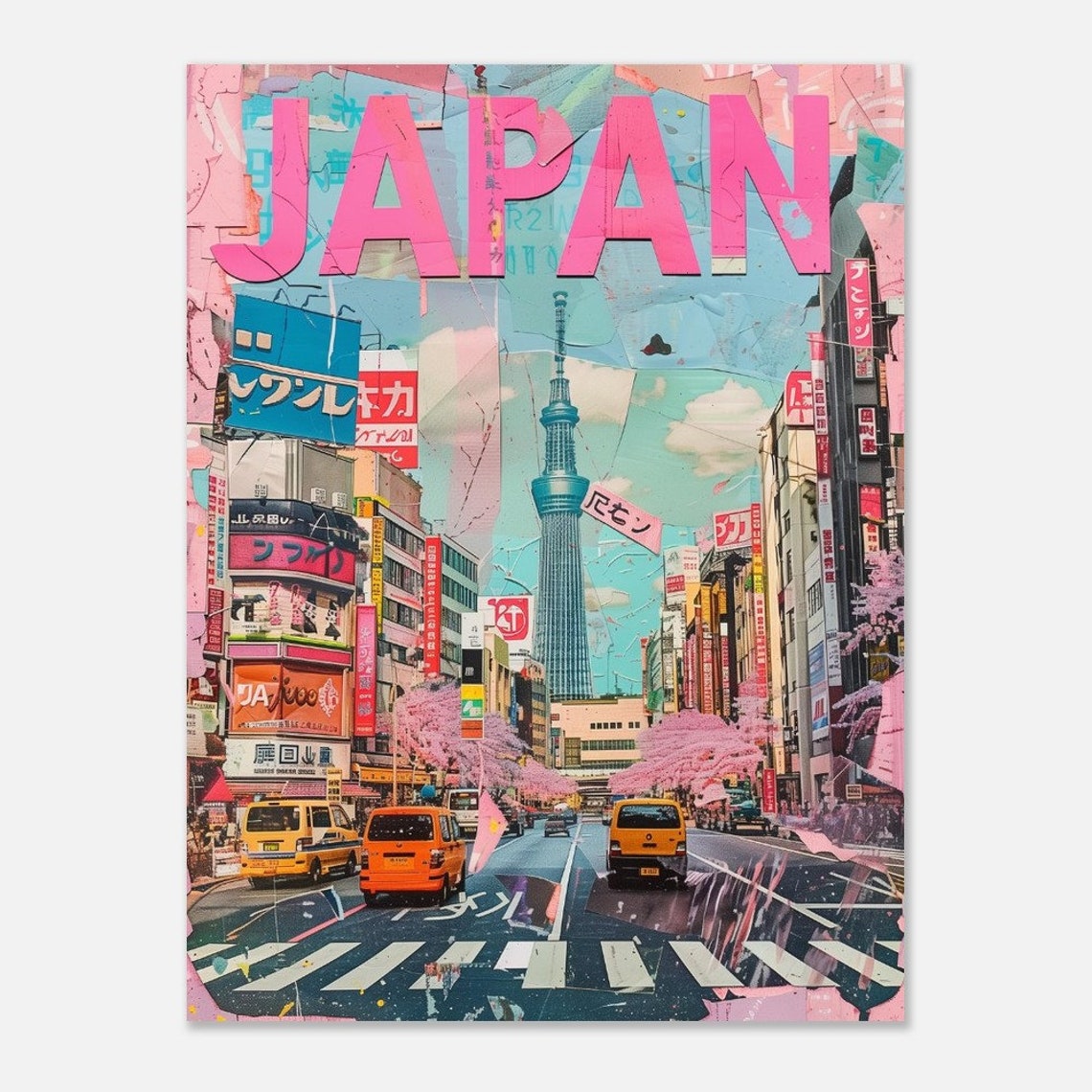 Japan Tokyo Skytree Cherry Blossom City Street Painterly Travel Poster - Image 2