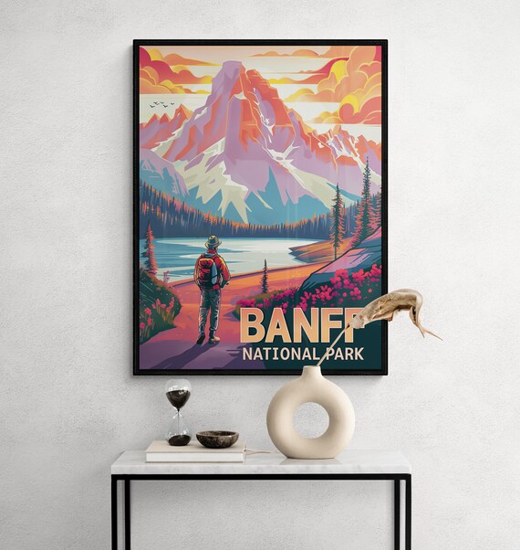 Banff National Park Mountain Lake Hiker Trail Wildflowers Travel Poster