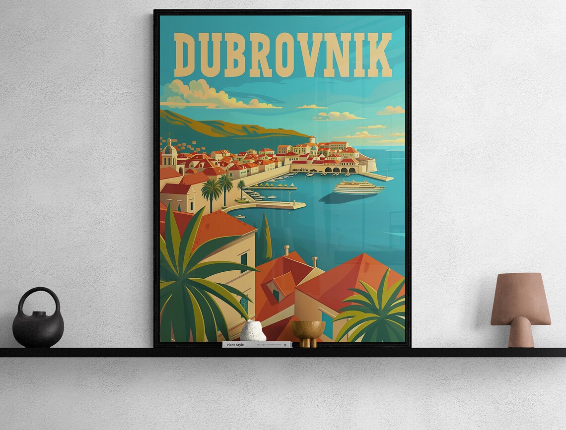 Dubrovnik Old Town Harbor and Cruise Ship Vintage Travel Poster - Image 2
