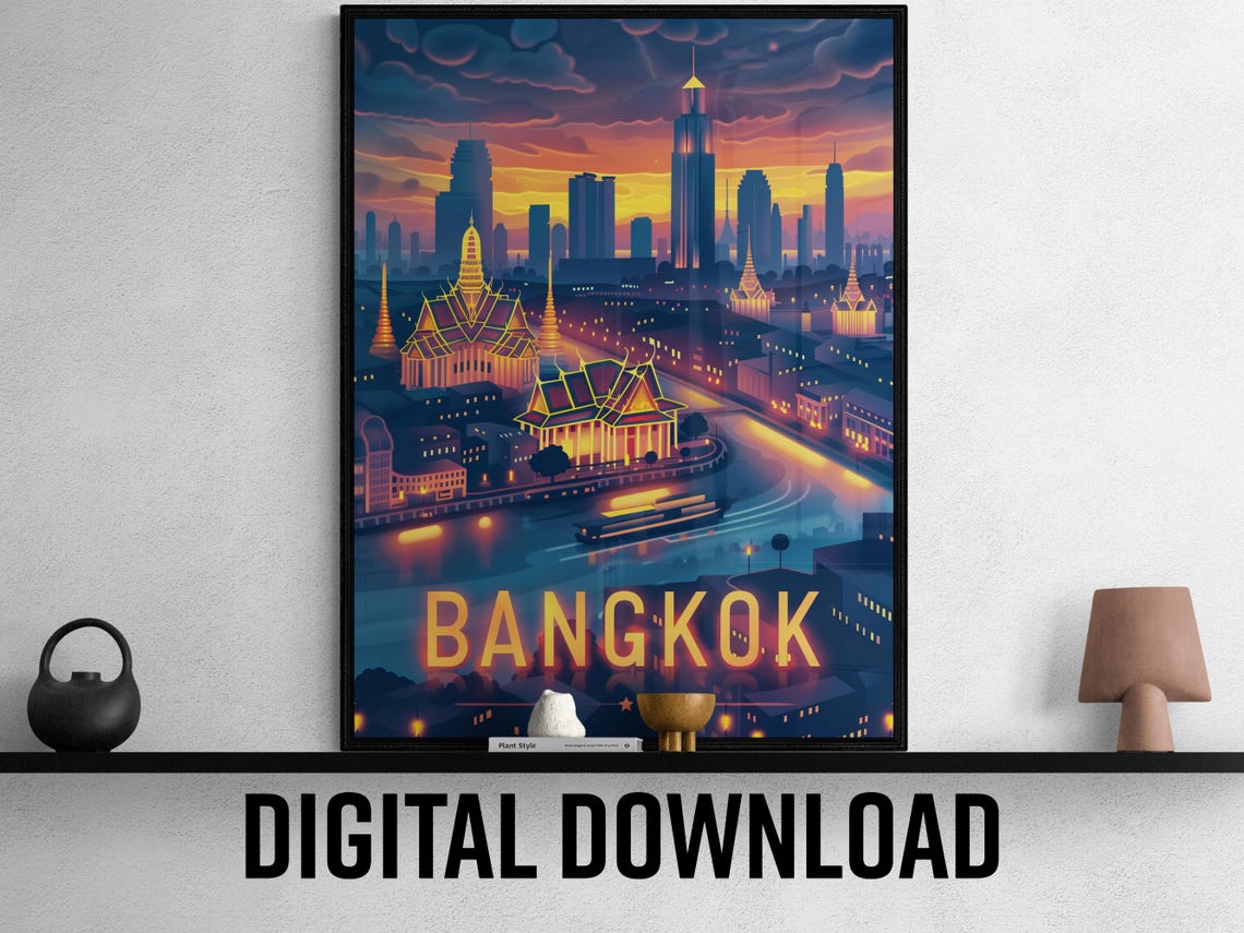 Bangkok Thailand Night River Temple Lights Skyline Travel Poster