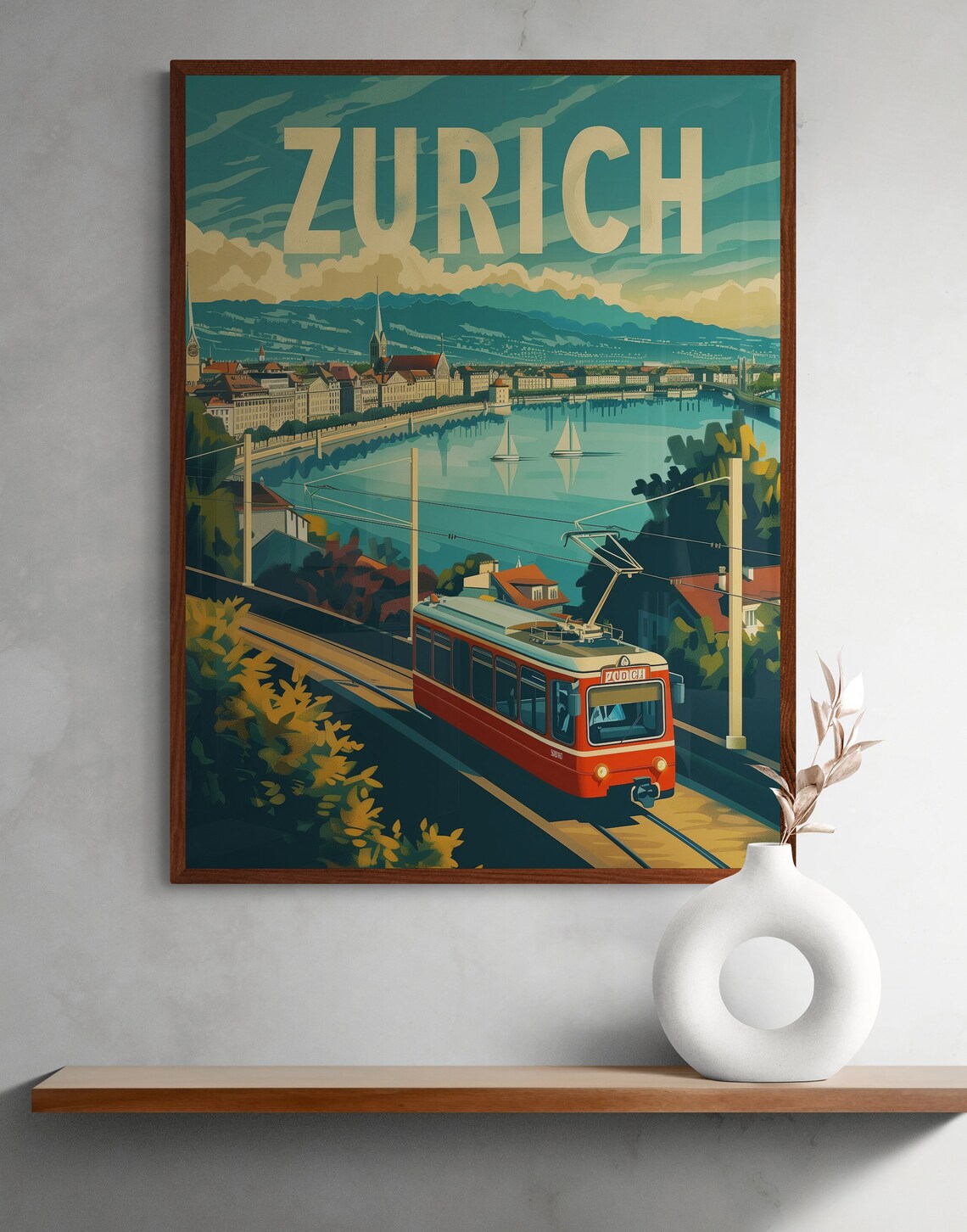 Zurich Red Tram Lake and Mountain Cityscape Vintage Travel Poster - Image 2
