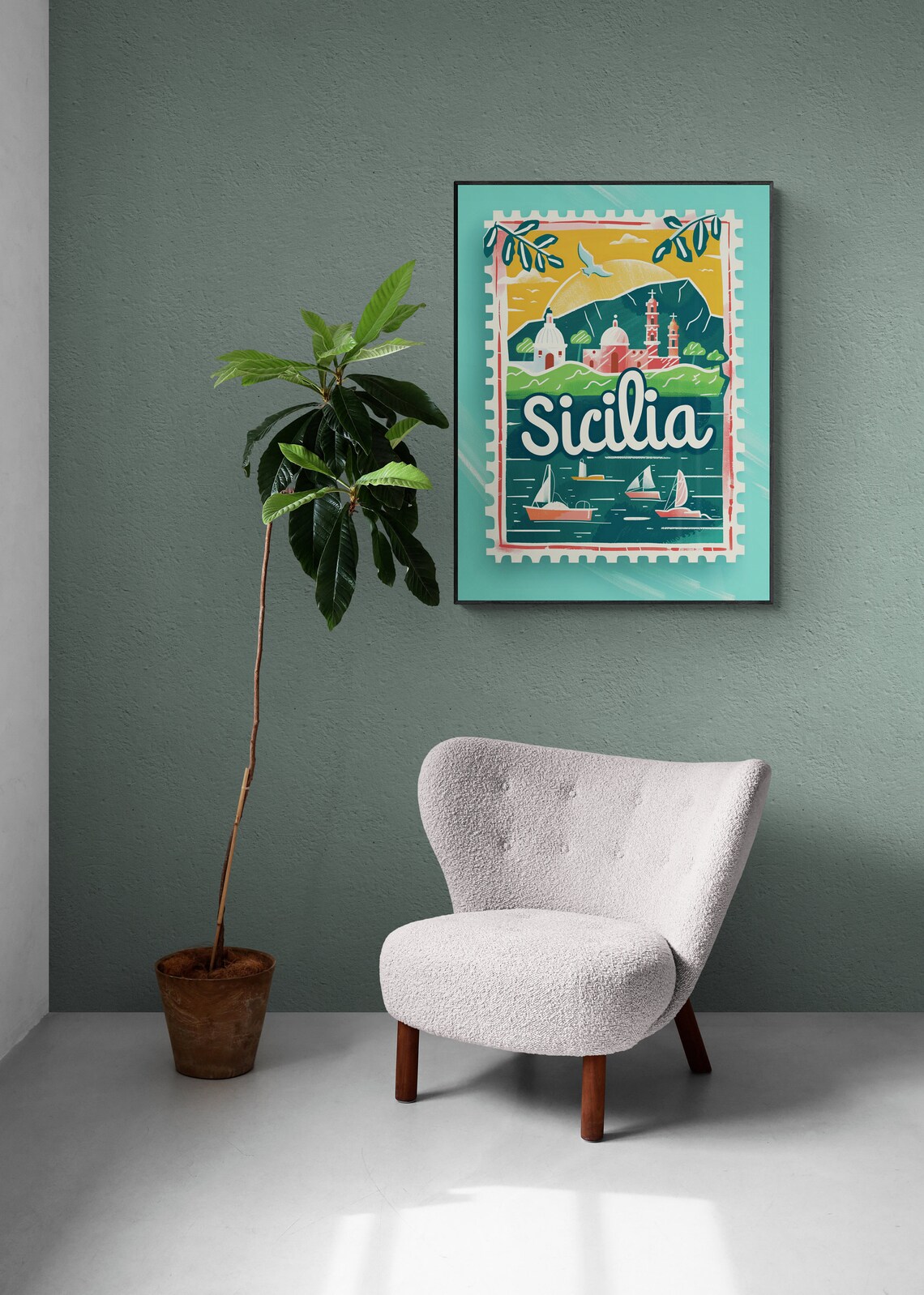Sicily Coastal Village Sailboats Mint Vintage Stamp Travel Poster - Image 3