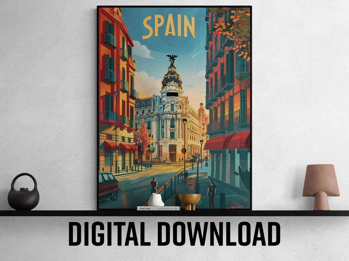 Madrid Spain Vintage Metropolis Building Grand Street Travel Poster