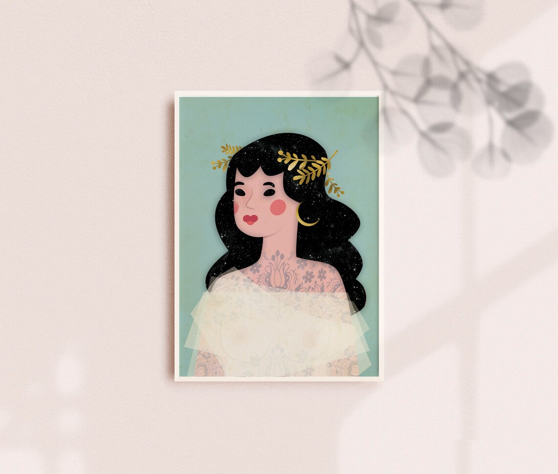 Moon Lady Portrait Starry Night Hair Gold Laurel Illustrative Poster - Image 3