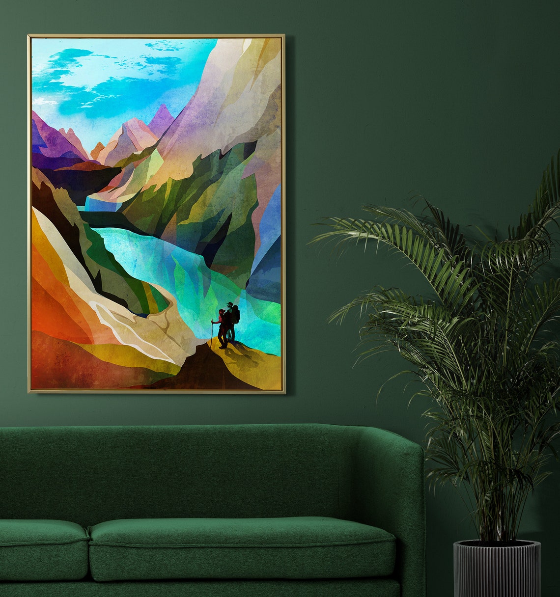 Hikers Overlooking Colorful Canyon River Valley Mountain Poster - Image 2