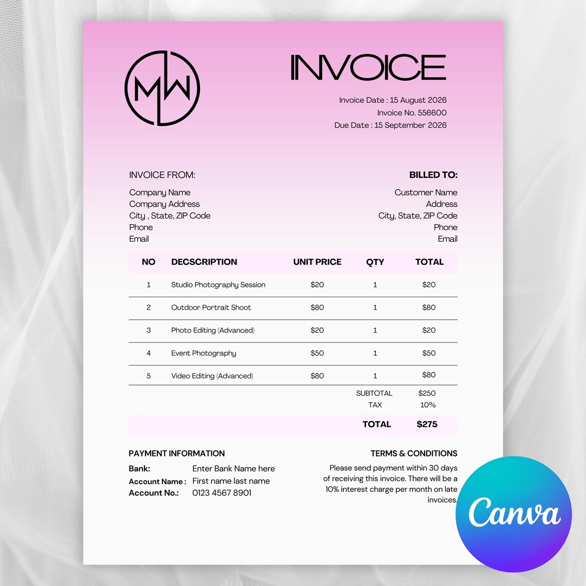 Modern Invoice Template, Pink Minimalist Billing Form