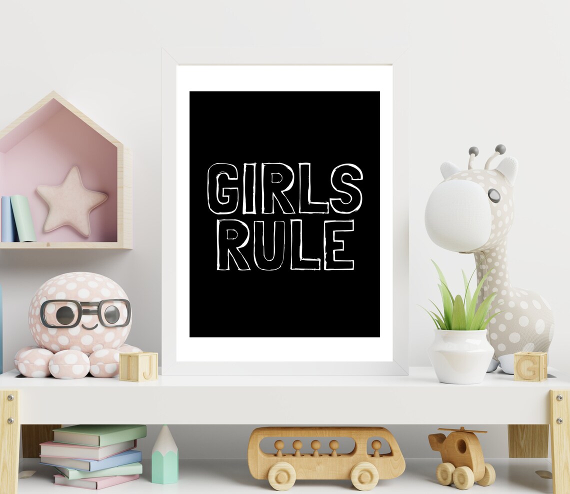 Girls Rule White Outline Black Minimalist Girls Bedroom Poster - Image 3