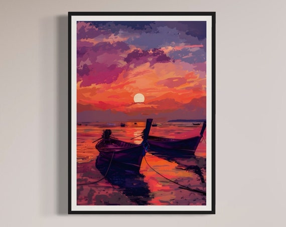 Thailand Sunset Art Print Watercolour Longtail Boat Painting Exotic Thai Travel Souvenir Tropical Island Poster Ocean Sea Coastal Home Gift