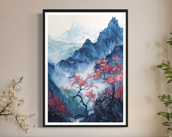 Japanese Blue Mountain Art Print Acrylic Ink Landscape Japan Decor Poster Mount Fuji Watercolour Cherry Blossoms Painting