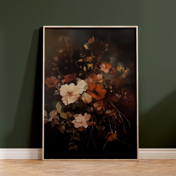 Vintage Fall Floral Print Dark Autumn Flower Painting Moody Botanical Fall Decor Thanksgiving Wall Art
