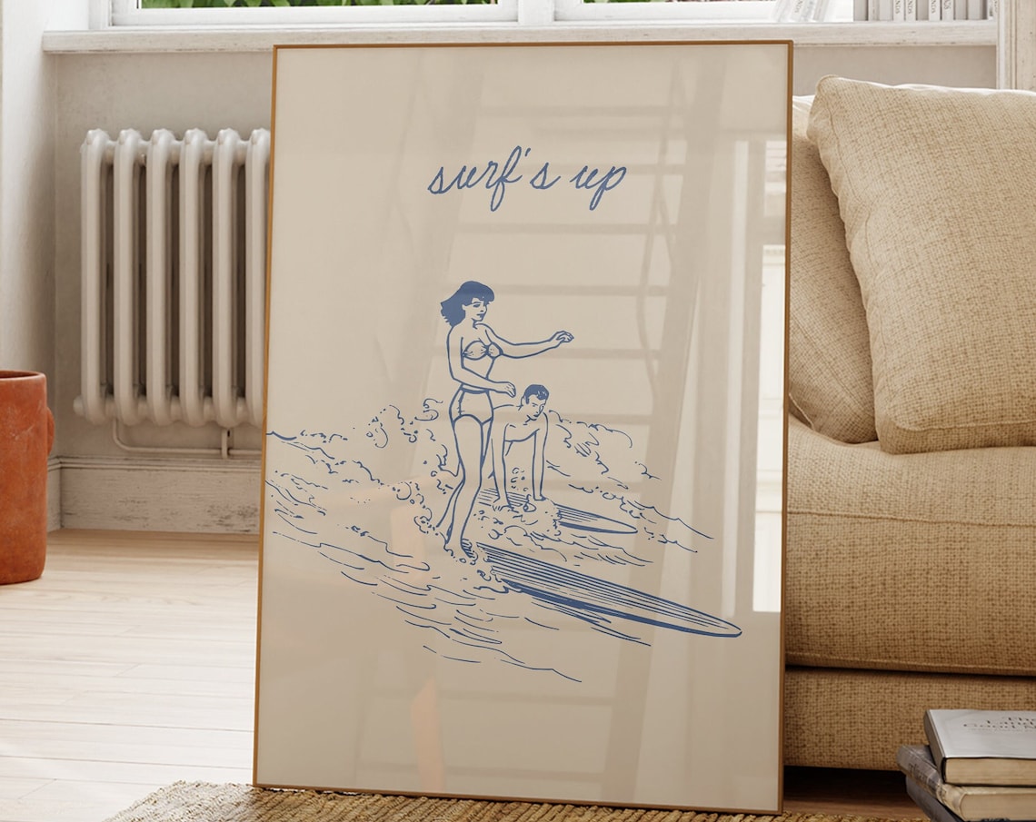Vintage Surfboard Art Print, Modern Coastal Style