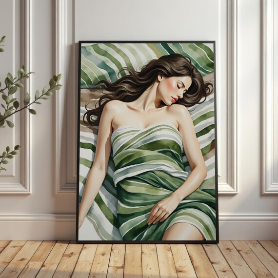 Peaceful Sleeping Woman Figure Art Print Green Stripes Expressive Wall Decor Relaxing Artistic