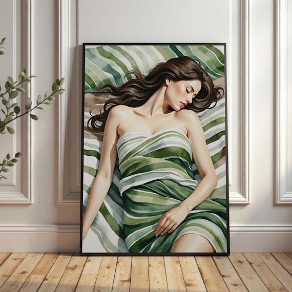 Peaceful Sleeping Woman Wrapped In Green Stripes Expressive Art Print