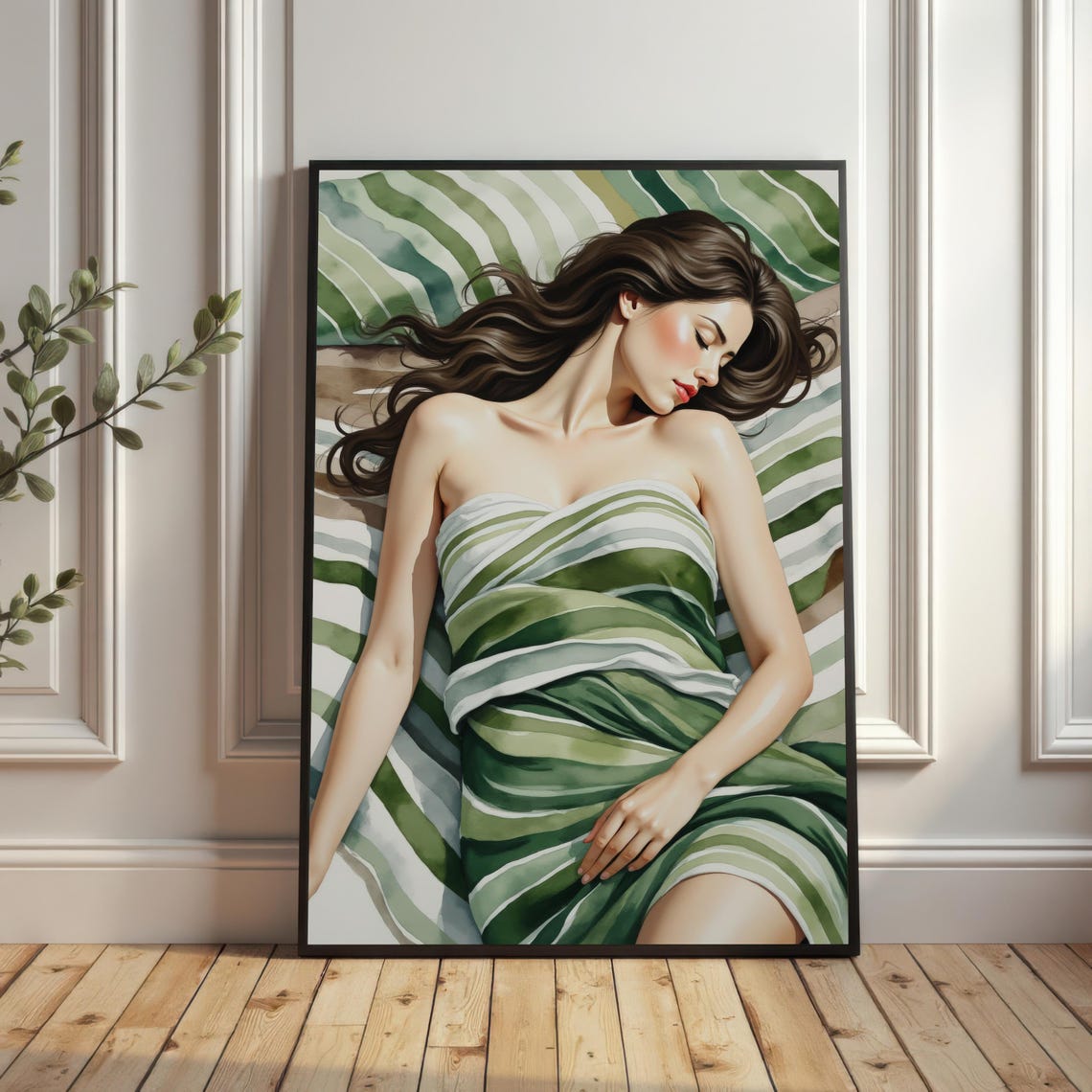 Peaceful Sleeping Woman Wrapped In Green Stripes Expressive Art Print