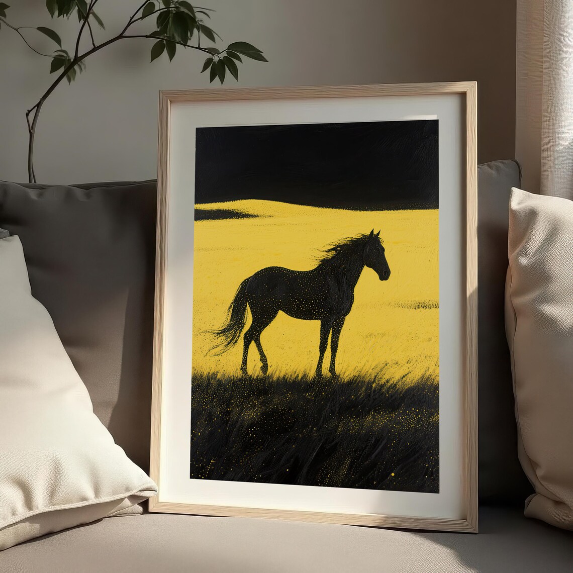 Black Horse Silhouette In Golden Field Dramatic Equine Art Print