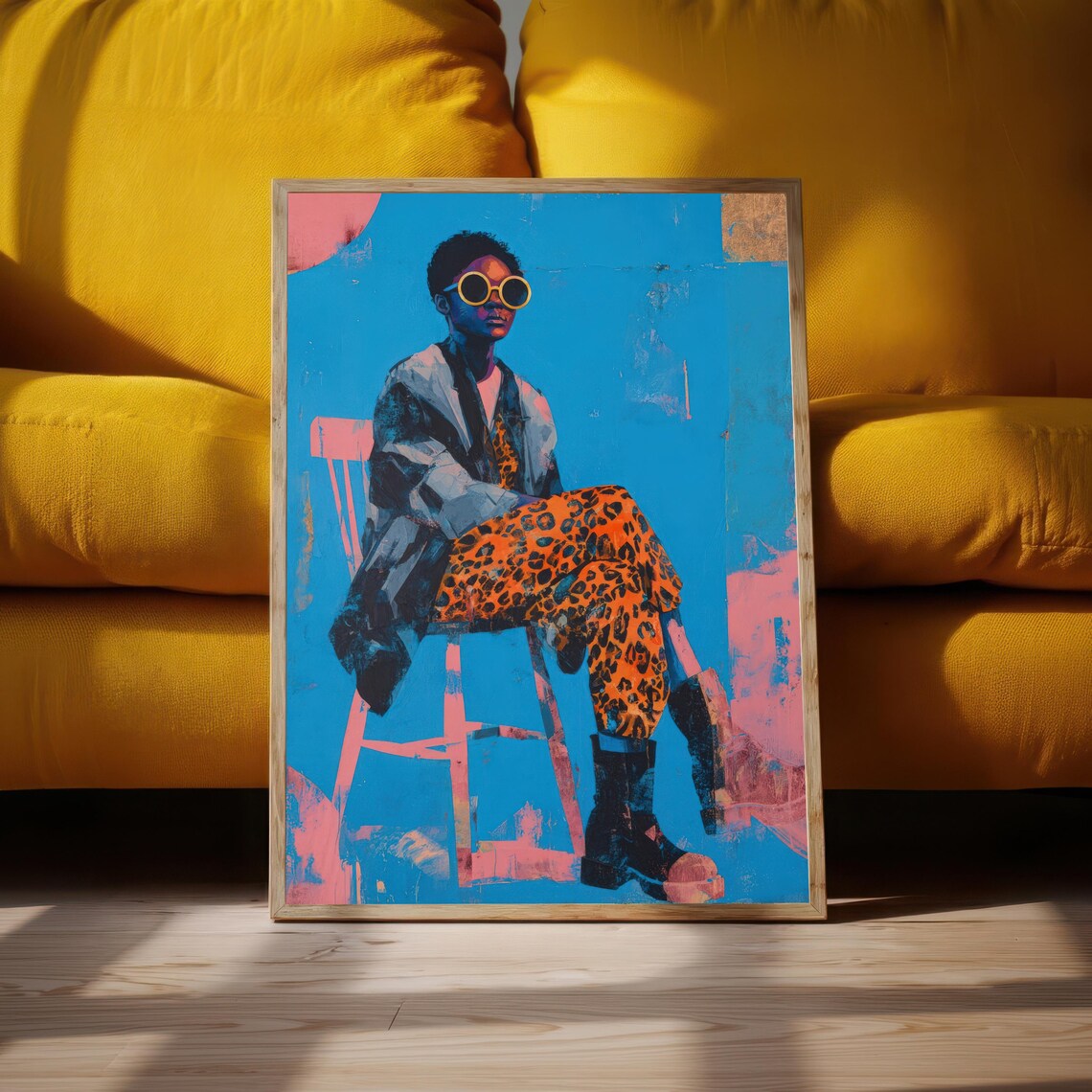 Stylish Woman in Leopard Pants Blue Pop Fashion Portrait Poster