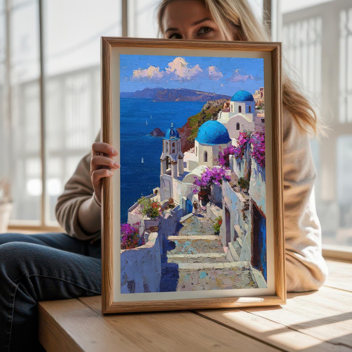 Santorini Greece Blue Domes Village Steps Seascape Oil Painting Poster