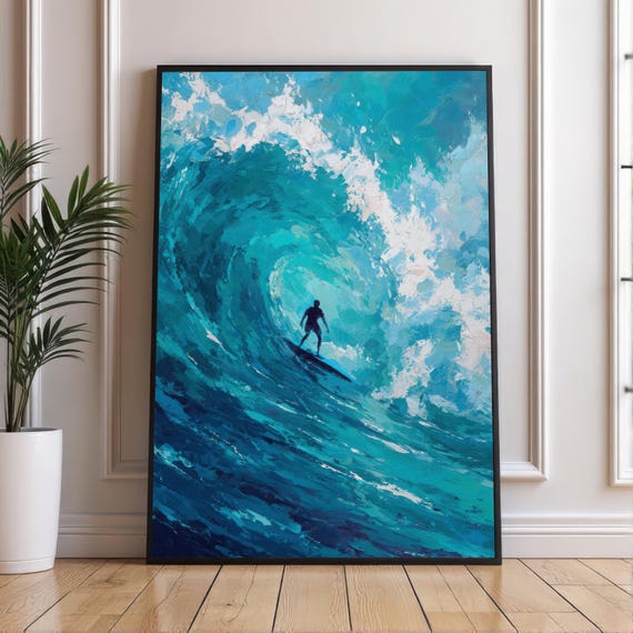 Barrel Wave Surfer Art Print Dynamic Ocean Action Painting Wall Bold Blues Extreme Sports Decor