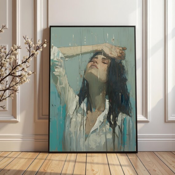 Emotional Woman Standing In Rain Moody Female Portrait Modern Art Wall Poster