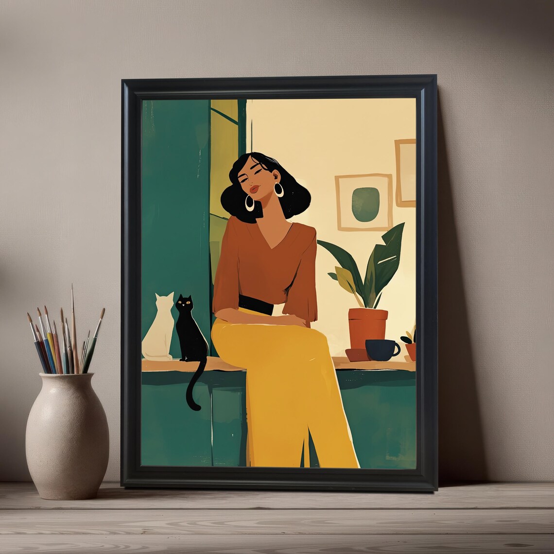 Woman And Cats Art Print, Boho Home Decor