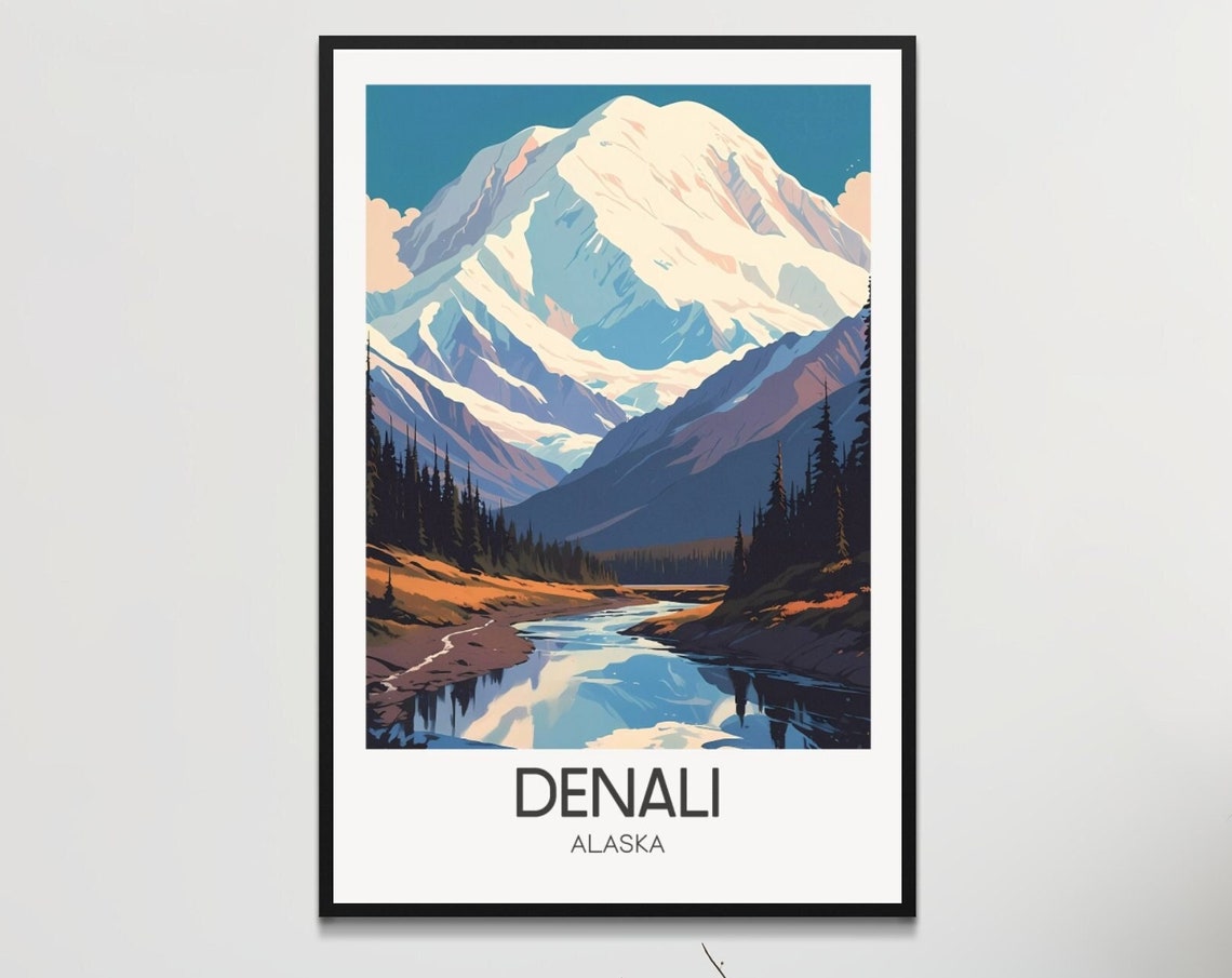 Denali Alaska Snowcapped Mountain Lake Reflection Travel Poster