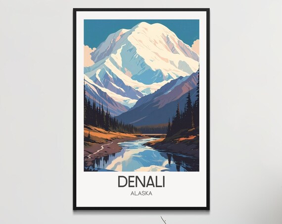 Denali Alaska Snowcapped Mountain Lake Reflection Travel Poster