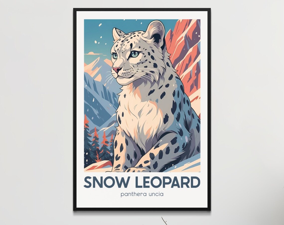 Snow Leopard Retro Style Wildlife Art Print