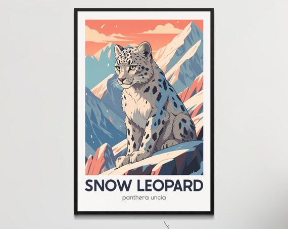 Retro Snow Leopard Poster Endangered Species Wall Art Vintage Style Animal Print Home And Office Decor