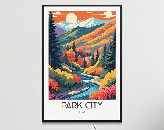 Park City Utah Winding River Autumn Valley Retro Travel Poster