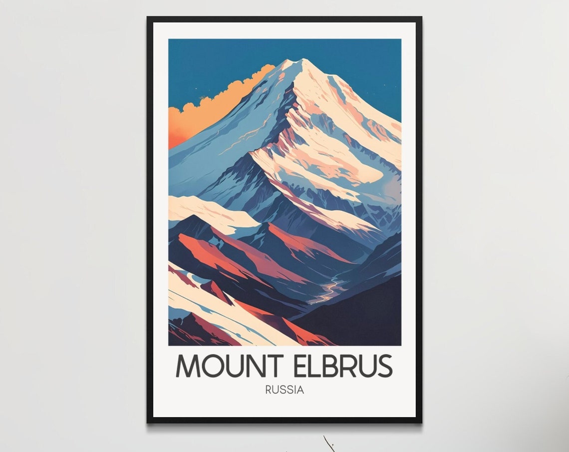 Mount Elbrus Snowy Summit Retro Mountain Russia Caucasus Poster