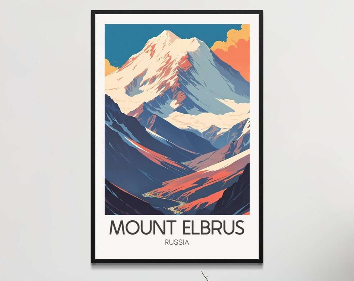 Majestic Mount Elbrus Russia Snow-Capped Peak Vintage Travel Poster