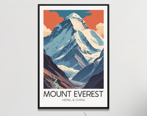 Mount Everest Wall Art Print Retro Vintage Nostalgic Mountain Poster Nepal China Tourist Attraction Travel Illustration Dopamine Decor