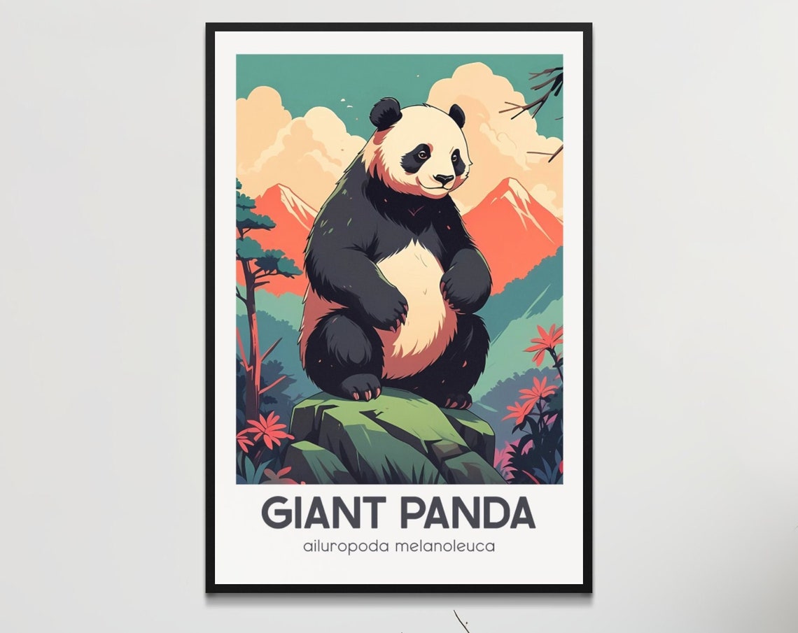 Giant Panda Mountain Wildflower Scene Retro Wildlife Art Poster